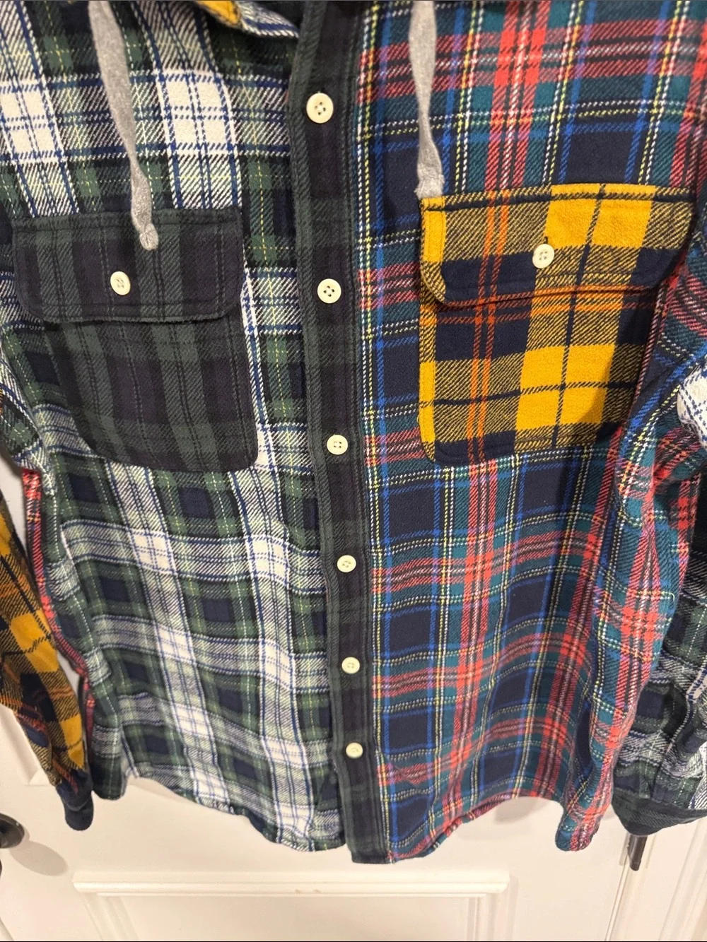 American Eagle Patchwork Plaid Hooded Flannel Shacket Shirt Jacket